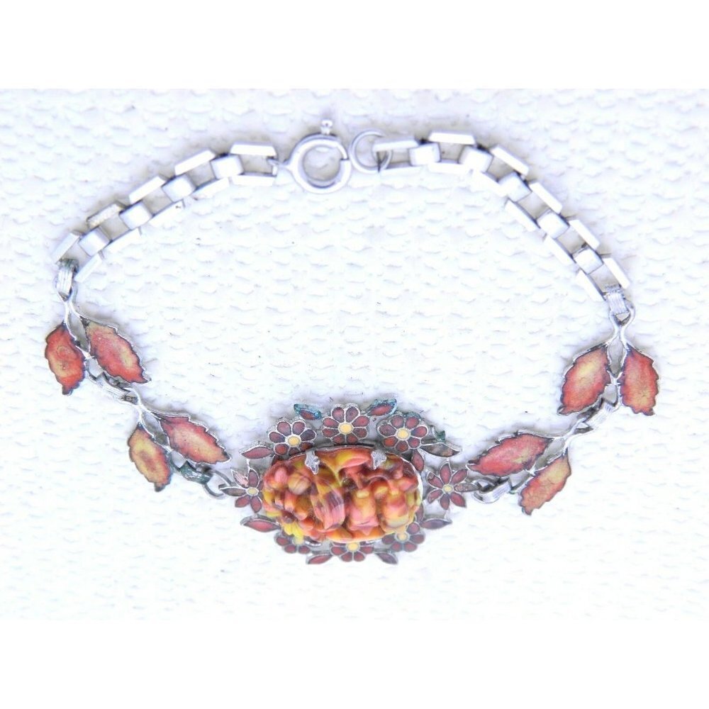 Silver Tone Art Nouveau Style Orange Yellow